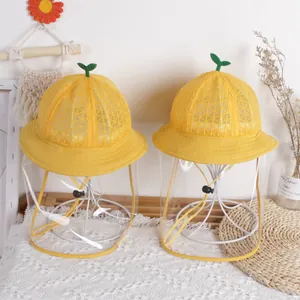 Breathable yellow baby sun hat with clear protective face shield and green sprout detail