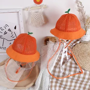 Toddler protective orange sun hat with mesh fabric and removable clear face shield