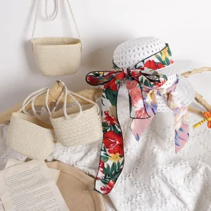 Kids breathable straw sun hat and matching bag set with colorful floral ribbon decor