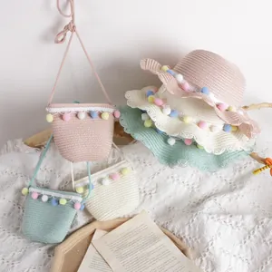 Kinder Strohhut Und Taschen Set Mit Bunten Pompons Und Wellenrand Sommer Sonnenschutz Strandhut Für Mädchen