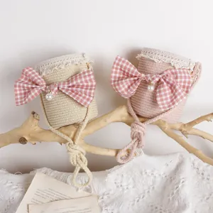 Charmants sacs seaux en paille tissée avec dentelle et grands nœuds pour filles