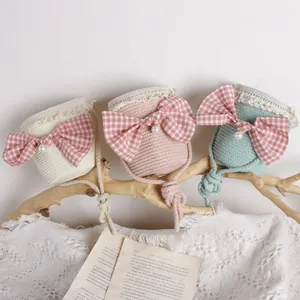 Sacs seau en paille pour enfants avec dentelle et grand nœud rose en trois couleurs