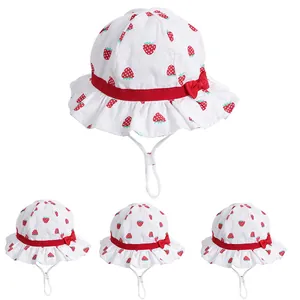 Sweet Strawberry Baby Bucket Hat Cotton Breathable Sun Protection Fisherman Hat With Bow Wave Edge For Toddlers Girls
