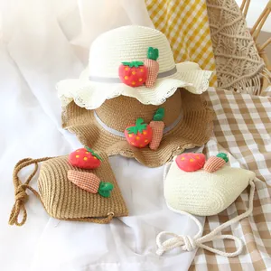 Kids wavy straw hat and crossbody bag set with cute strawberry and carrot patches