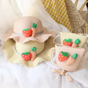 Kids woven straw sun hat and matching bag set with strawberry carrot decor