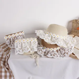 Chapeau de Soleil en Paille pour Enfants Filles Bordure en Dentelle Marguerites Ou Sac en Paille de Vacances Été Style Pastoral Tissé