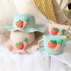 Kids' straw sun hat and matching bag set with cute strawberry and carrot ornaments