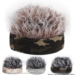 Detail of creative camouflage visor with spiked grey wig hair and adjustable band