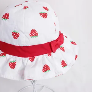 Sweet strawberry print cotton baby sun hat with red ribbon bow and wavy brim edge