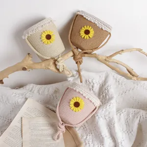 Simpatica Borsa a Secchiello Intrecciata con Pizzo e Girasole per Bambini Borsa a Tracolla in Paglia per Bambine Spiaggia Estiva