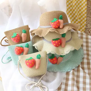 Kids straw sun hat and matching bag set with strawberry and carrot decors