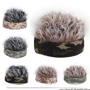 Detail view of various camouflage wig caps showing six different patterns and hair textures