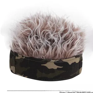 Detail of creative camouflage docker hat featuring realistic light brown curly hair flair