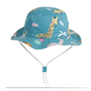 Detail of blue sun hat with giraffe print and adjustable drawstring for toddlers