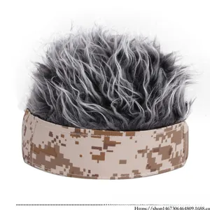 Detail of digital desert camouflage visor hat featuring fluffy grey synthetic hair top