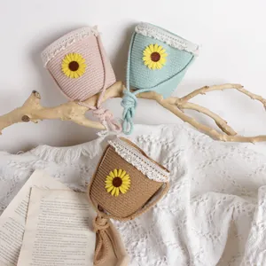 Borsa a secchiello in pizzo intrecciato con girasole per bambini in rosa verde e kaki