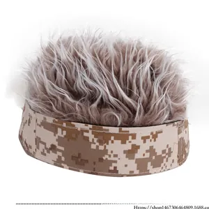 Detail view of khaki camouflage brim and thick grey-brown faux hair wig top