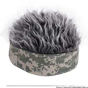 Macro shot of fluffy silver synthetic wig fibers with camouflage patterned headband