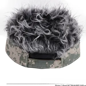 Detail of camouflage visor cap with grey synthetic hair wig and adjustable strap back