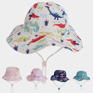 Kids Cartoon Cotton Bucket Hat With Adjustable Windproof Strap Sun Protection Outdoor Travel Sun Hat For Boys Girls