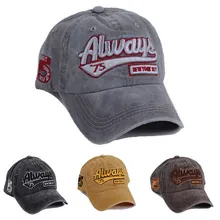 Close-up of distressed cotton baseball caps with 3D embroidery and washed tie-dye texture