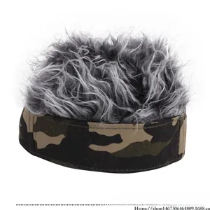 Detail of camouflage wig cap with messy grey synthetic hair and stitched brim