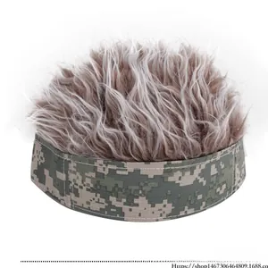 Close-up of digital camouflage fabric headband with realistic brown synthetic wig hair