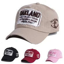 Detail of vintage baseball cap with OAKLAND patch embroidery and anchor side stitching