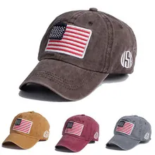 Detailed embroidery of USA flag and circular logo on washed cotton tie-dye baseball cap