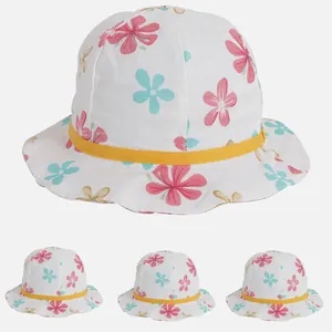 Chapeau Bob Doux en Coton Floral pour Enfants Respirant à Large Bord Avec Bande Décorative Jaune pour Été Extérieur