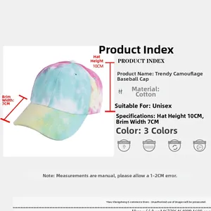 Λεπτομέρειες βαμβακερού καπέλου tie-dye με μετρήσεις 10cm ύψος και 7cm πλάτος γείσου