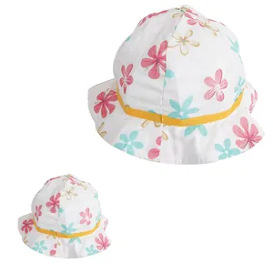 Chapeau de soleil en coton pour filles avec bord ondulé et ruban jaune à fleurs