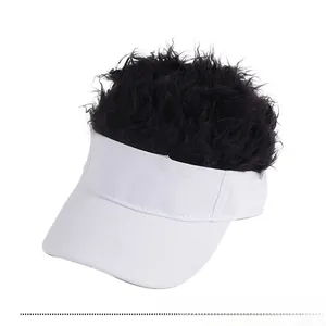 Detail of white canvas visor hat with thick black synthetic wig hair for parties