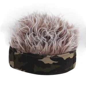 Creative camouflage docker hat with grey and brown curly synthetic wig hair for parties
