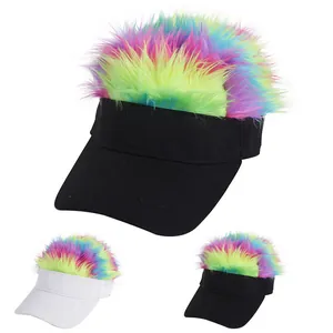 Novelty Cotton Visor Hat With Rainbow Faux Fur Wig Funny Costume Headwear For Outdoor Sports Party Adults Unisex