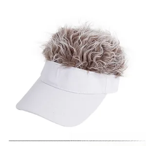 Detail of creative visor hat featuring a unique curly brown wig on top for parties