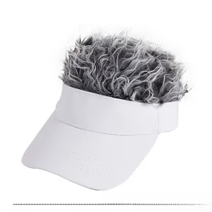 Close-up of white visor cap with attached short curly grey-black wig hair detail