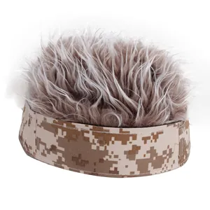 Creative camouflage docker cap with brown synthetic wig hair for a fun hip-hop style