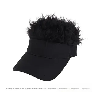 Detailed close-up of a black baseball cap featuring dense curly synthetic hair on top