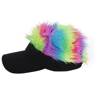 Funny black visor baseball cap with colorful long hair wig for parties and outdoor travel