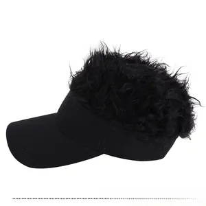 Close-up of a black visor with attached curly wig hair for funny costume styling