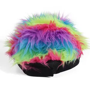 Colorful long plush baseball cap with fuzzy rainbow synthetic fur design for festivals