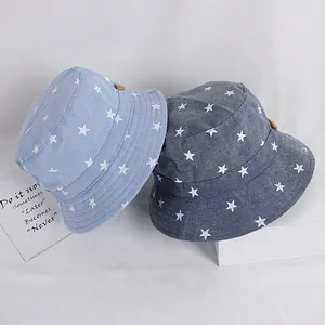 Star pattern baby sun hat set in light blue and dark grey washed denim fabric