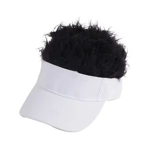 White baseball visor cap with black synthetic wig hair for hip hop and party costumes
