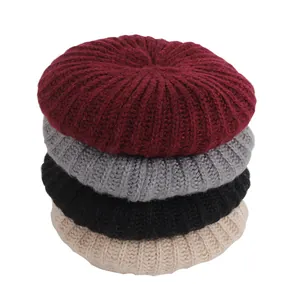 Kids' winter beret hats set in four colors: burgundy, dark grey, black, and beige knit fabric
