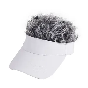 White sun visor baseball cap featuring creative grey curly hair wig for parties