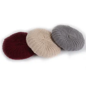 Classic knitted kids beret in burgundy, beige and grey colors with vertical rib texture