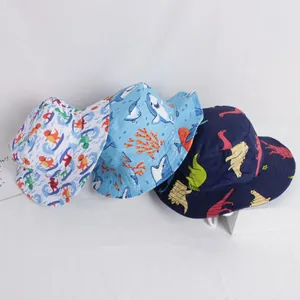 Cartoon dinosaur and shark pattern sun hats for toddlers with adjustable chin straps