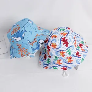 Toddler sun bucket hats with cartoon dinosaur and shark patterns and chin straps