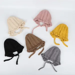 Baby Girl Knit Bonnet Winter Warm Yarn Hat With Ruffle Edge Adjustable Chin Straps Cable Knit Outdoor Toddler Beanie Cap